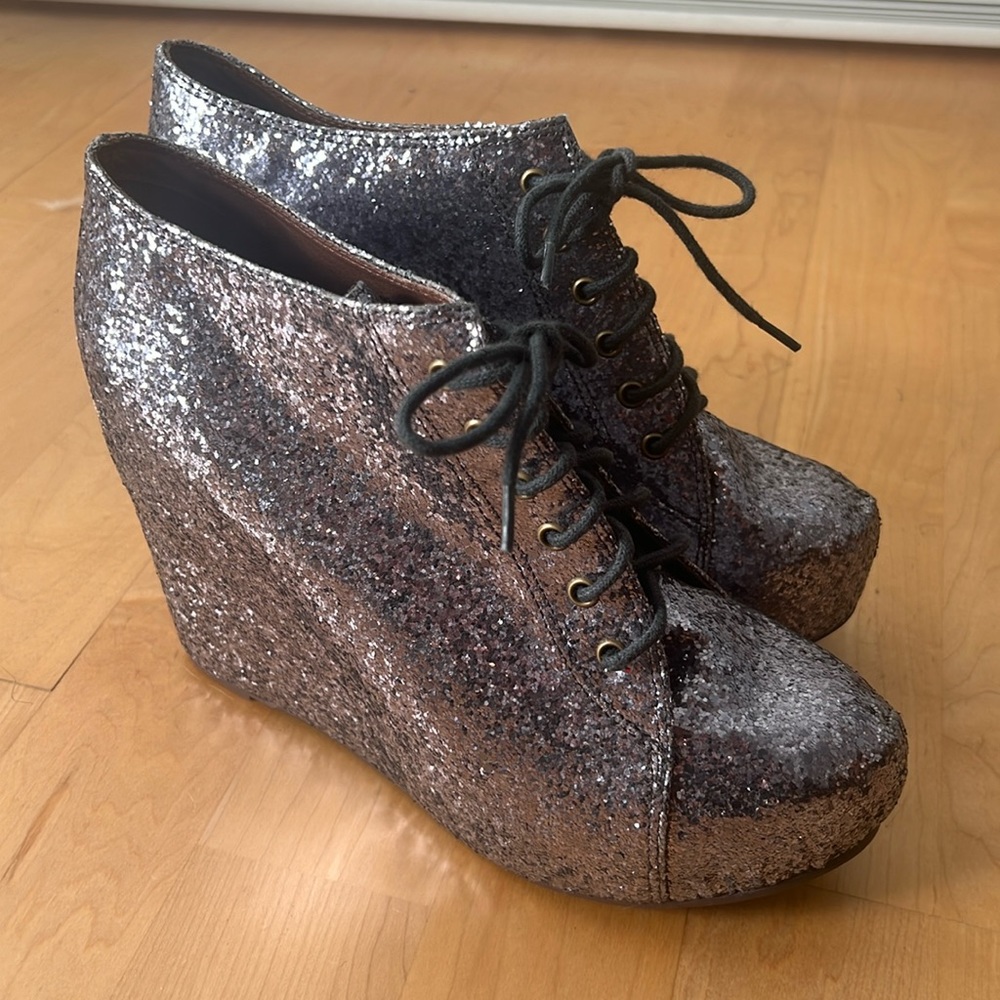 Jeffrey Campbell silver Glitter tie wedge heel shoes size 11 unworn new